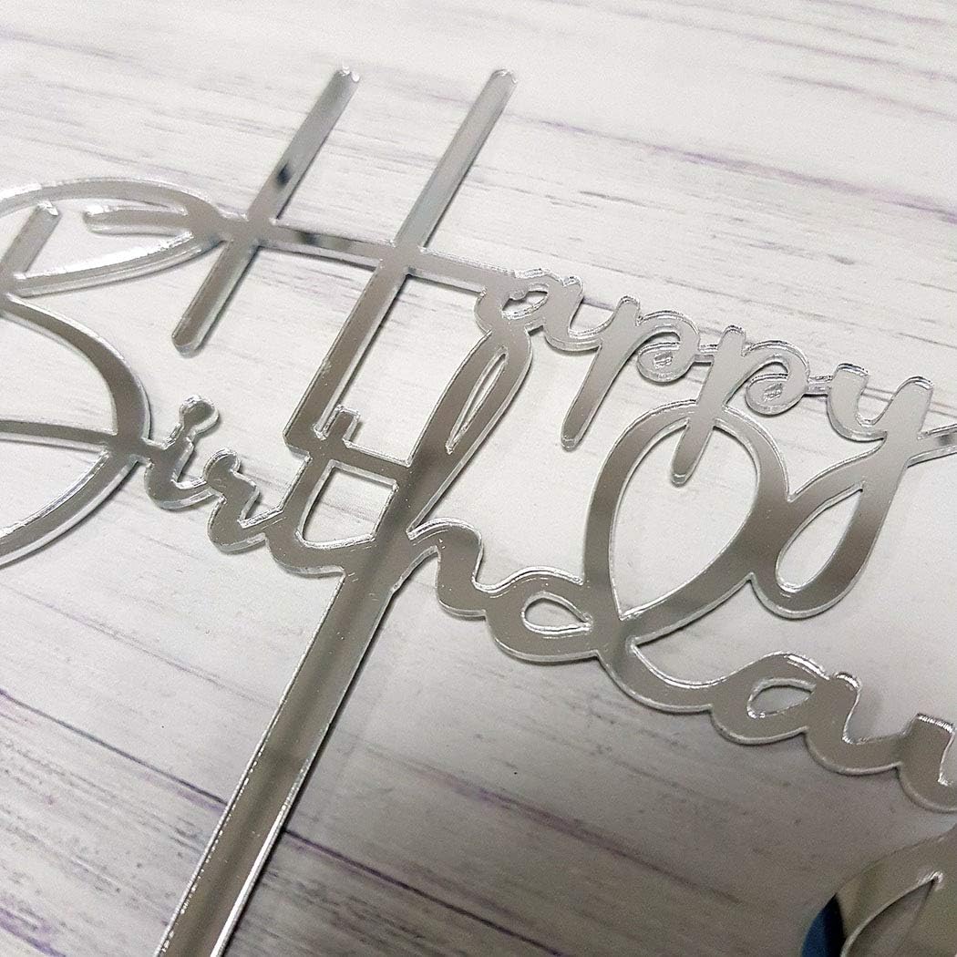 Happy Birthday Cake Topper for Birthday Party Decorations, Mirror Silver Acrylic