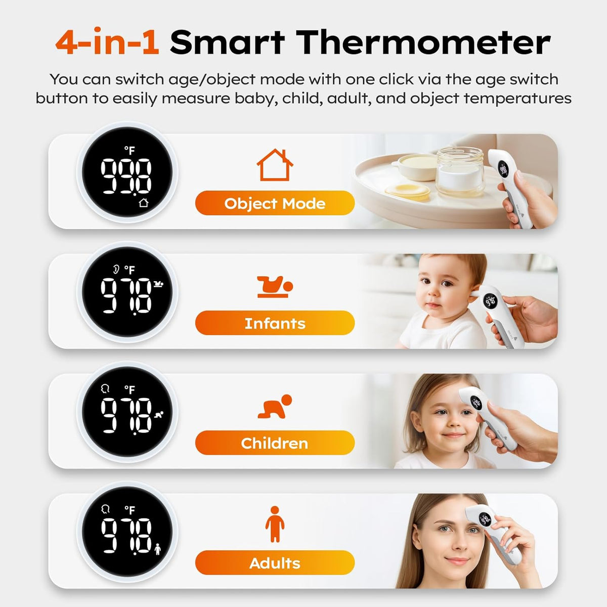 Baby Thermometer for Infants, No-Touch Forehead and Ear Thermometer with Fever Alarm, Fast Accuracy Digital Thermometer for Adults and Kids, 3 Age Modes, Object Modes