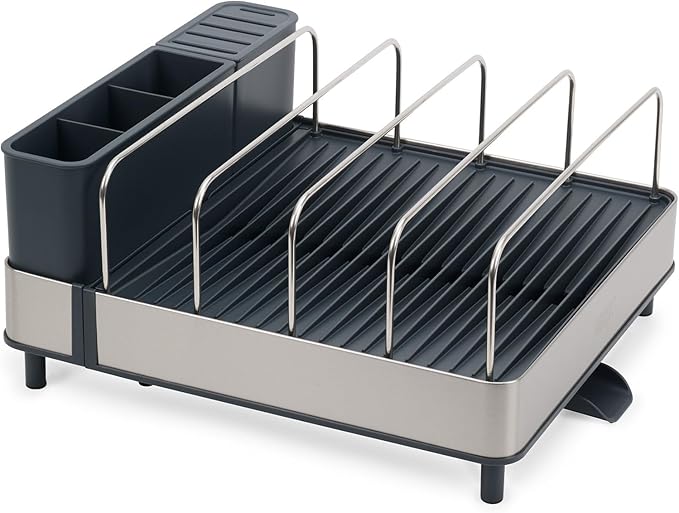 Joseph Joseph Extend Max Steel Expanding Dish Drying Rack, high Capacity for Large Items, Cutlery and Knife Holder, Swivel Draining Spout, Stainless Steel