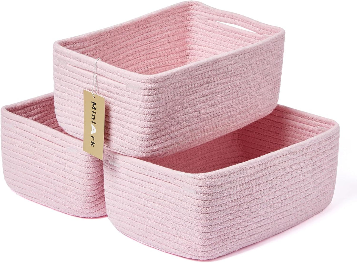 Small Storage Baskets for Organizing | Closet Organizer Bins | Shelf Toy Basket | Woven Rope Baskets | Cube Decorative Box | Shallow Basket | 13x8.5x5.1” | 3 Packs Pink