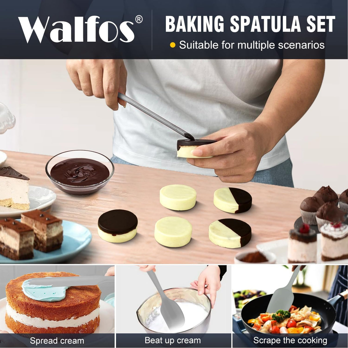 Walfos Silicone Spatula Set (7pcs) - 600℉ Heat Resistant Silicone Scraper Spatulas with Stainless Steel Core, Non Stick Flexible Rubber Spatula for Cooking, Baking and Mixing, Gray