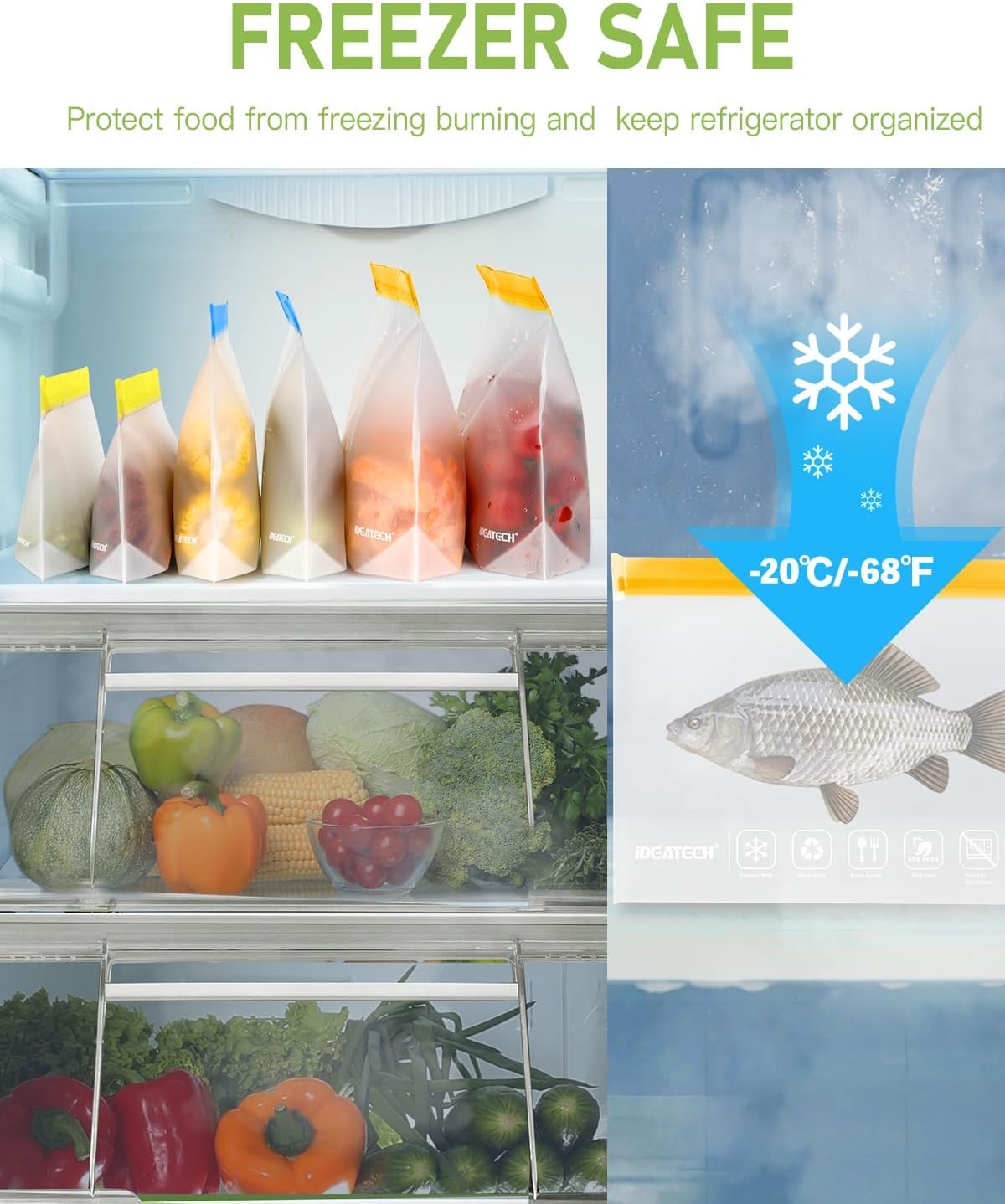 IDEATECH 8Pack Gallon Bags Dishwasher Safe, Leakproof Reusable Gallon Freezer Bags, BPA Free Reusable Gallon Bags, Reusable Food Storage Bags Silicone for Meats, Sandwich, Travel (8Gallon, Colored)