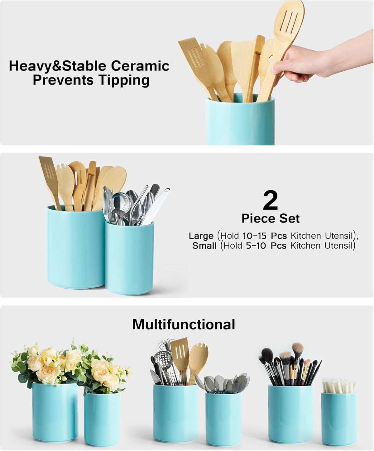 Set of 2 Utensil Holder, 7"+5" Ceramic Kitchen Utensil Holder for Countertop, Large Cooking Utensil Crocks for Counter, Morden Utensil Organizer for Spatula, Kitchen Decor (Blue)
