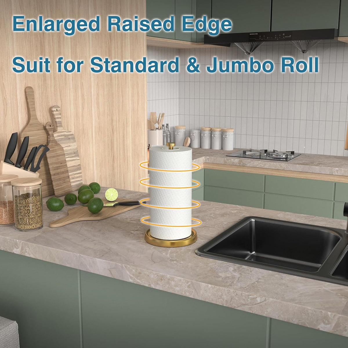 Paper Towel Holder Countertop, Gold Kitchen Accessories Decor, Stainless Steel, Weighted Base, Gold, Paper Towel Roll Holder Stand with Ratchet Mechanism for Kitchen Bathroom Farmhouse Essentials
