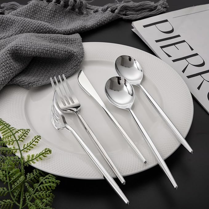 LIYH 102 Pcs Silver Plastic Silverware - Heavyduty Plastic Cutlery Set Disposable Utensils Flatware Set Knives Forks Spoons Disposable Cutlery