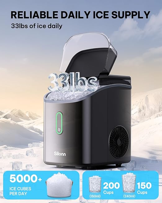 Silonn Nugget Ice Maker Countertop, Pebble Ice Makers with Crushed Soft Chewable Ice, 33lbs Per Day with Scoop, Pellet Portable Ice Machines with Auto-Cleaning for Home, Kitchen, Office, Black