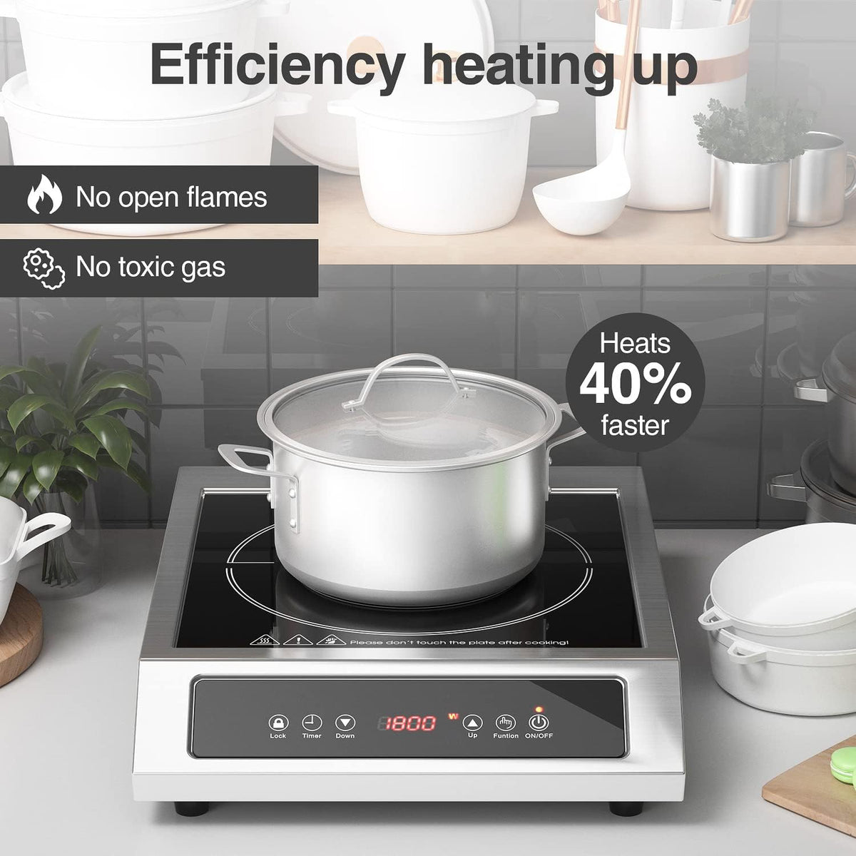 1800W Professional Commercial Induction Cooktop: 120V Stainless Steel Countertop Burner for RV, Small Restaurant, Catering Kitchen - Portable Hot Plate with 3-Hour Timer, Touch Panel
