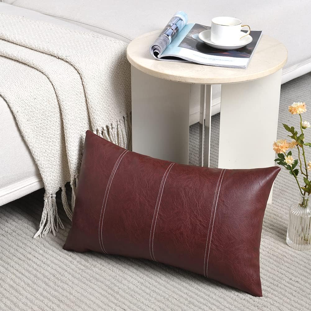 Fancy Homi Burgundy Lumbar Waterproof Faux Leather Decorative Throw Pillow Covers 12x20 Inch for Living Room Couch Bed, Modern Farmhouse Boho Home Decor, Wine Red Hand Stitched Cushion Case 30x50 cm