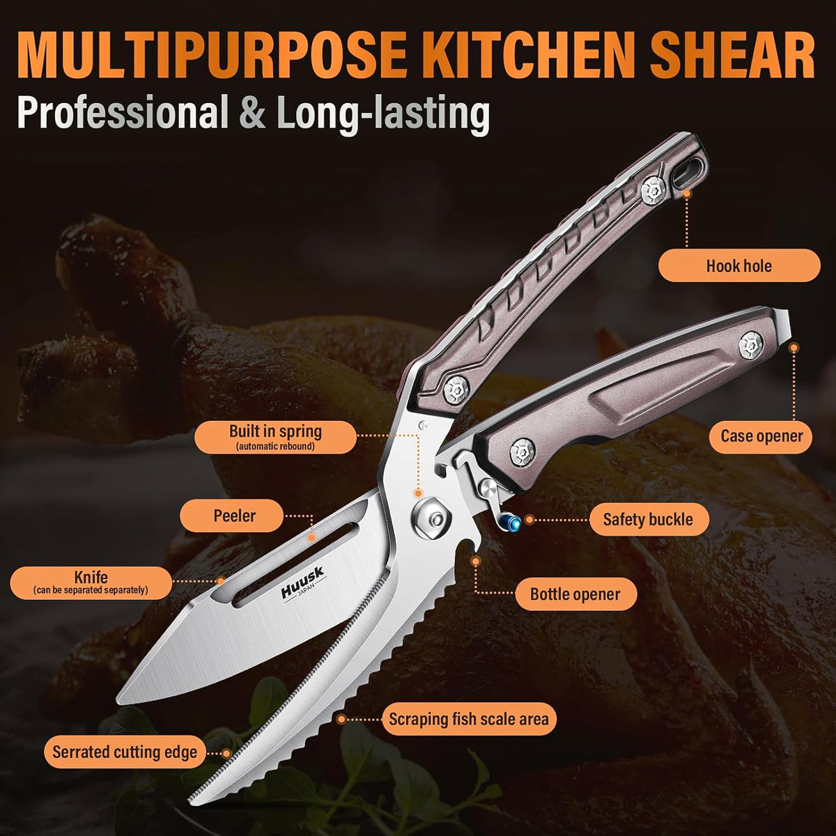 Huusk Heavy Duty Poultry Scissors - Kitchen Scissor for Food with Serrated Edge, Detachable Sharp Shears for Cutting Meat, Chicken Bone and Turkey, Scissors All Purpose for Thanksgiving (Brown)