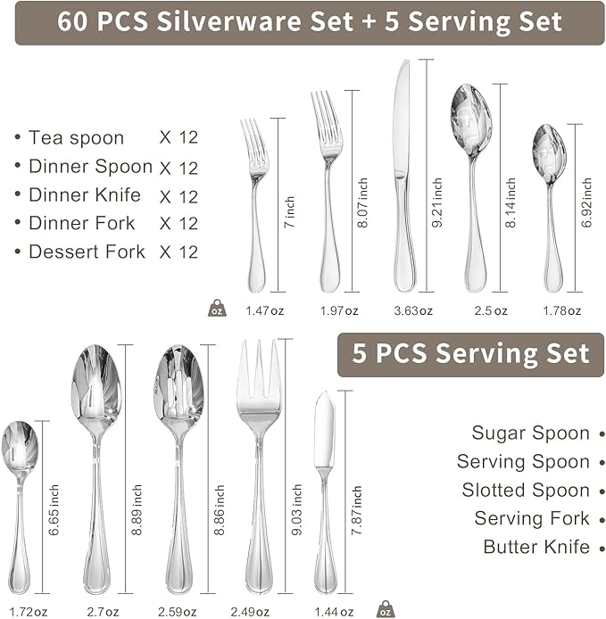 KINGSTONE 65 Piece Teardrop Silverware Set With Serving Utensils, 18/10 Stainless Steel Flatware Set, Modern Design Cutlery Set for Home/Hotel/Wedding,Mirror Polished and Dishwasher Safe
