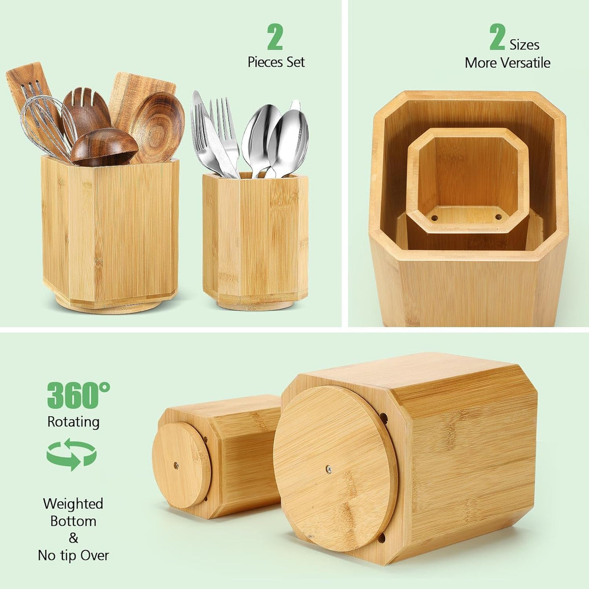2 Pack Wooden Utensil Holder, 360°Rotating Kitchen Cooking Utensil Crock, Spoon Spatula Holder for Kitchen Counter, Farmhouse Countertop Organizer ()