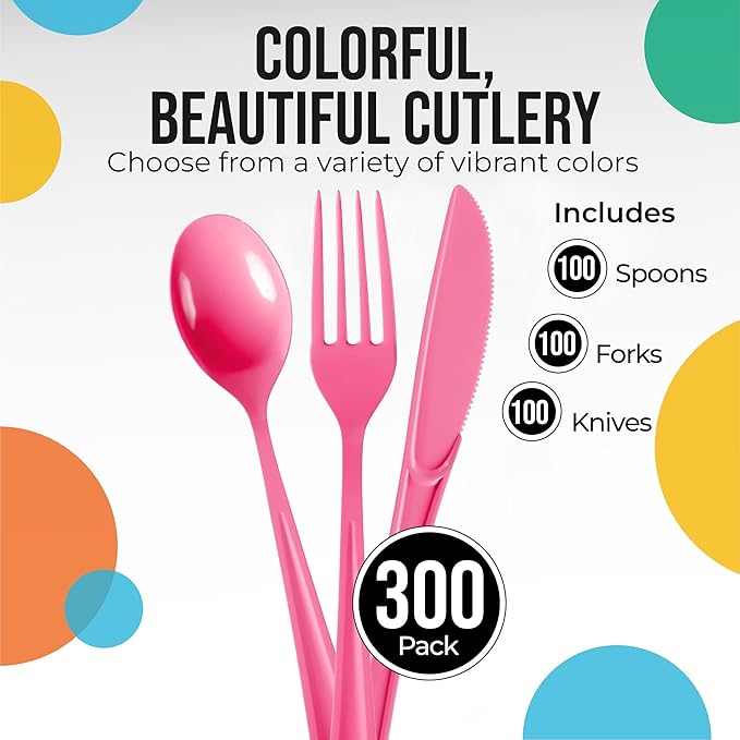 Party Solids Hot Pink Plastic Silverware Heavy Duty 300 Pieces Hot Pink Plastic Cutlery Sets, Utensil Sets, 100 Of Each Forks, Knives & Spoons Disposable Cutlery Set, Flatware Set For Party Supplies
