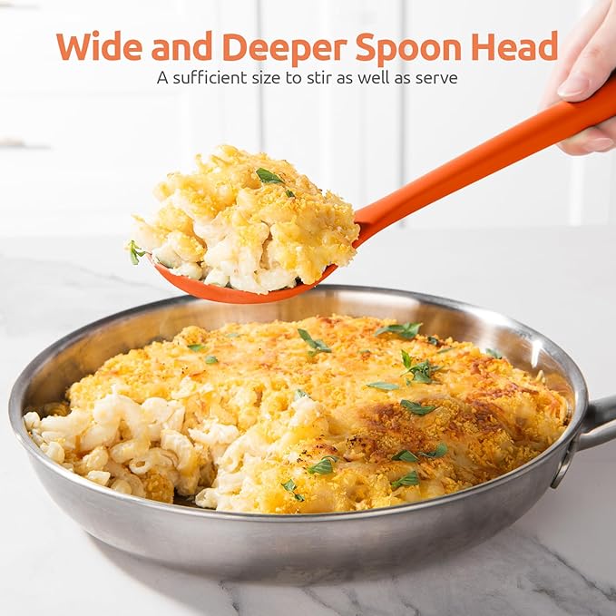 600ºF Heat Resistant Silicone Spoon: U-Taste 13.3in Solid Kitchen Cooking Spoon, Nonstick Food Grade Large & Long Soup Rubber Utensil for Mixing, Serving, Stirring, Basting, for Pot Cookware (Orange)