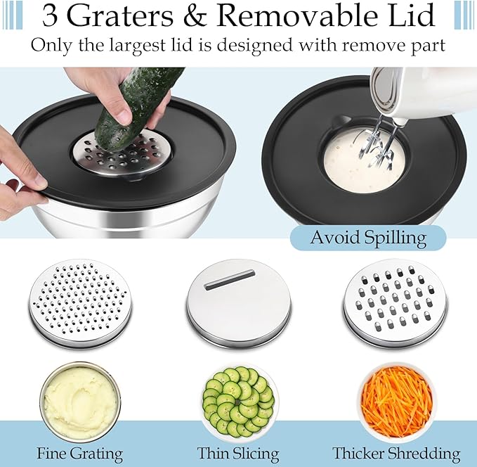 TeamFar Mixing Bowls, Stainless Steel Nesting Salad Bowls with Lids Set of 3 & 3 Grater Attachments, For Mixing/Serving/Storing, Non-toxic & Long-lasting, Size 4.6/3 / 1.5 QT, Black