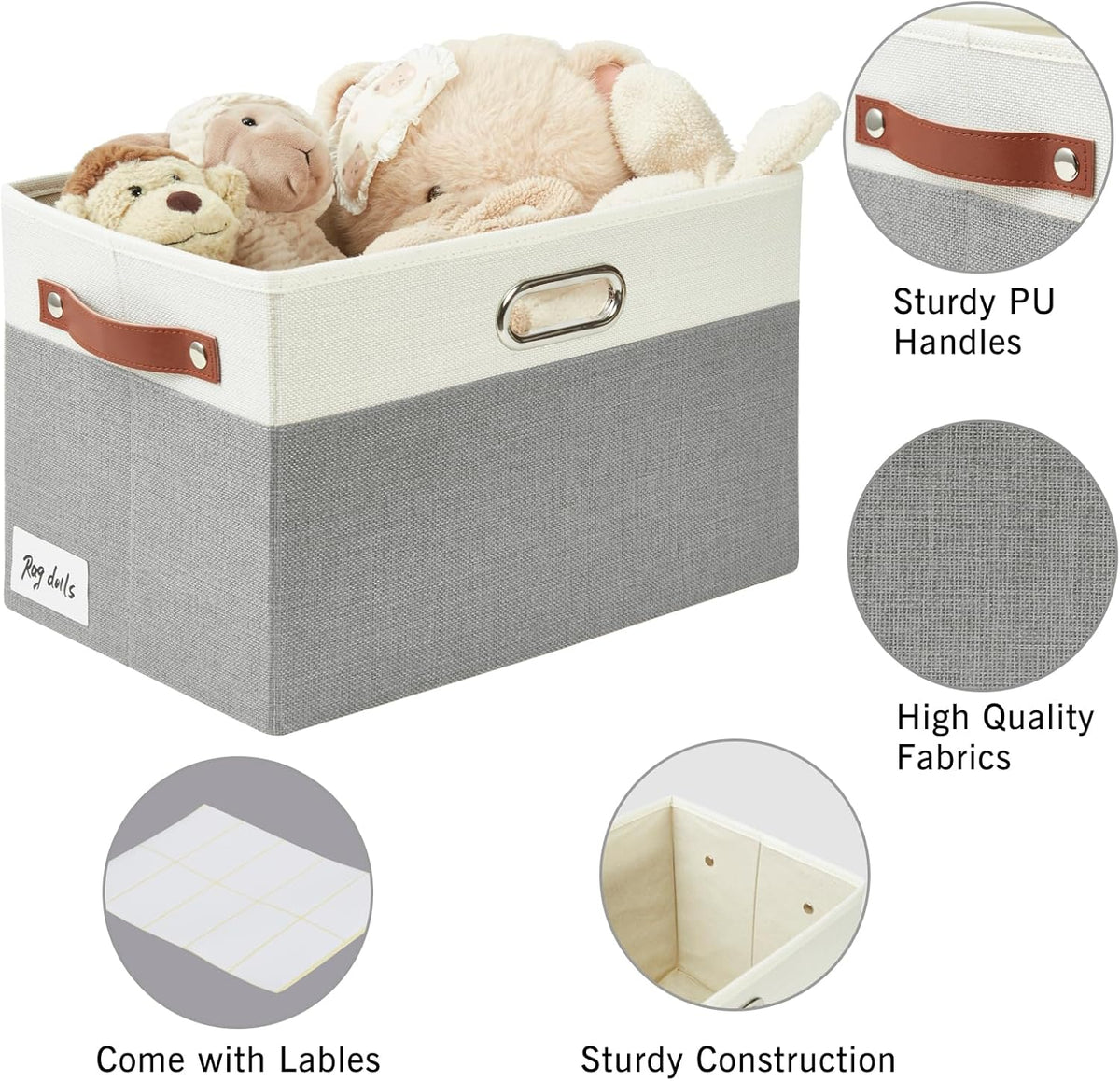 Large Collapsible Fabric Storage Bins with 3 Handles, Foldable Organizer Baskets for Closet, Shelves, Living Room | 3 Pack, Durable PU & Metal Handles (14.9"x9.8"x9.8", Gray & White)