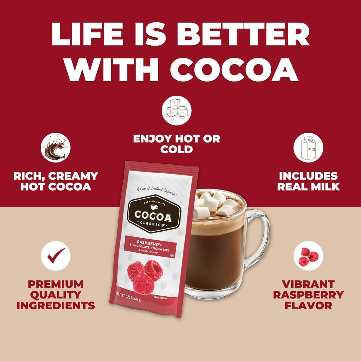 Cocoa Classics Raspberry Cocoa Mix, Hot Chocolate, Made with Nonfat Milk, Just Add Hot Water, Make Hot or Iced Cocoa, Gluten Free & Kosher Dairy Friendly, 1.25oz Packets (Pack of 36)