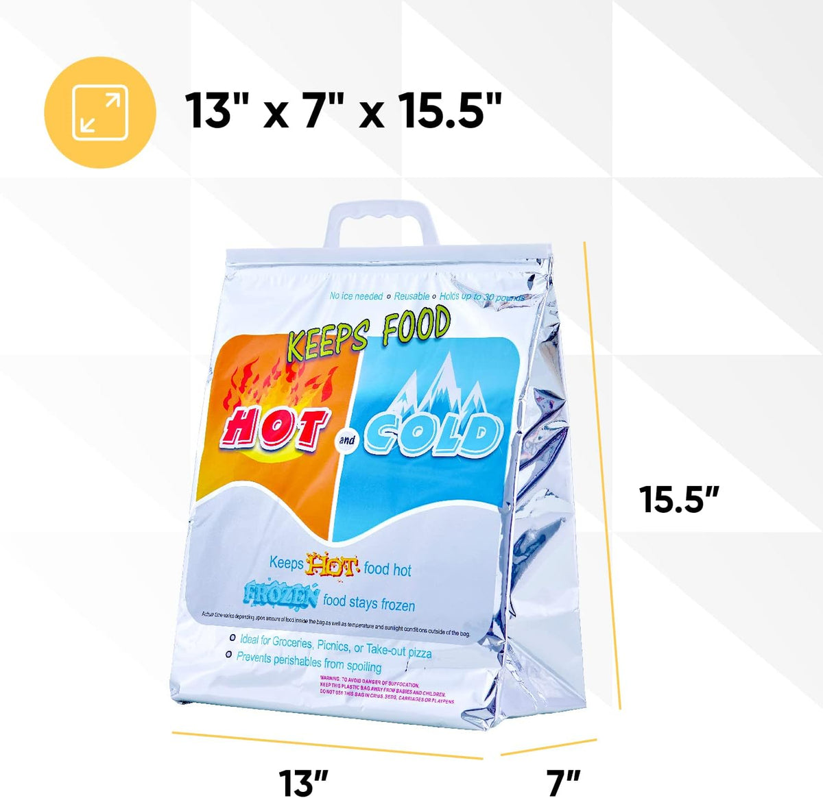 Superio Hot and Cold Insulated Bags for Food Delivery, Grocery Shopping Bags, Food Storage for Hot and Frozen Food for Travel, Disposable Cooler Bag, Reinforced Thermal Lunch Bag (4, 13"x7"x15.5")