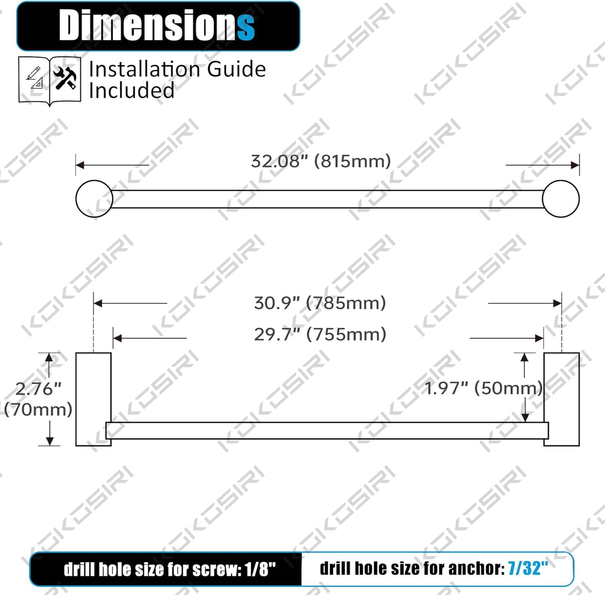 KOKOSIRI Towel Bar Polished Chrome 32-Inch Bath Towel Holder for Bathroom Wall Mounted Rail Stainless Steel Bathroom Hardware Accessories, B4007CH-L32