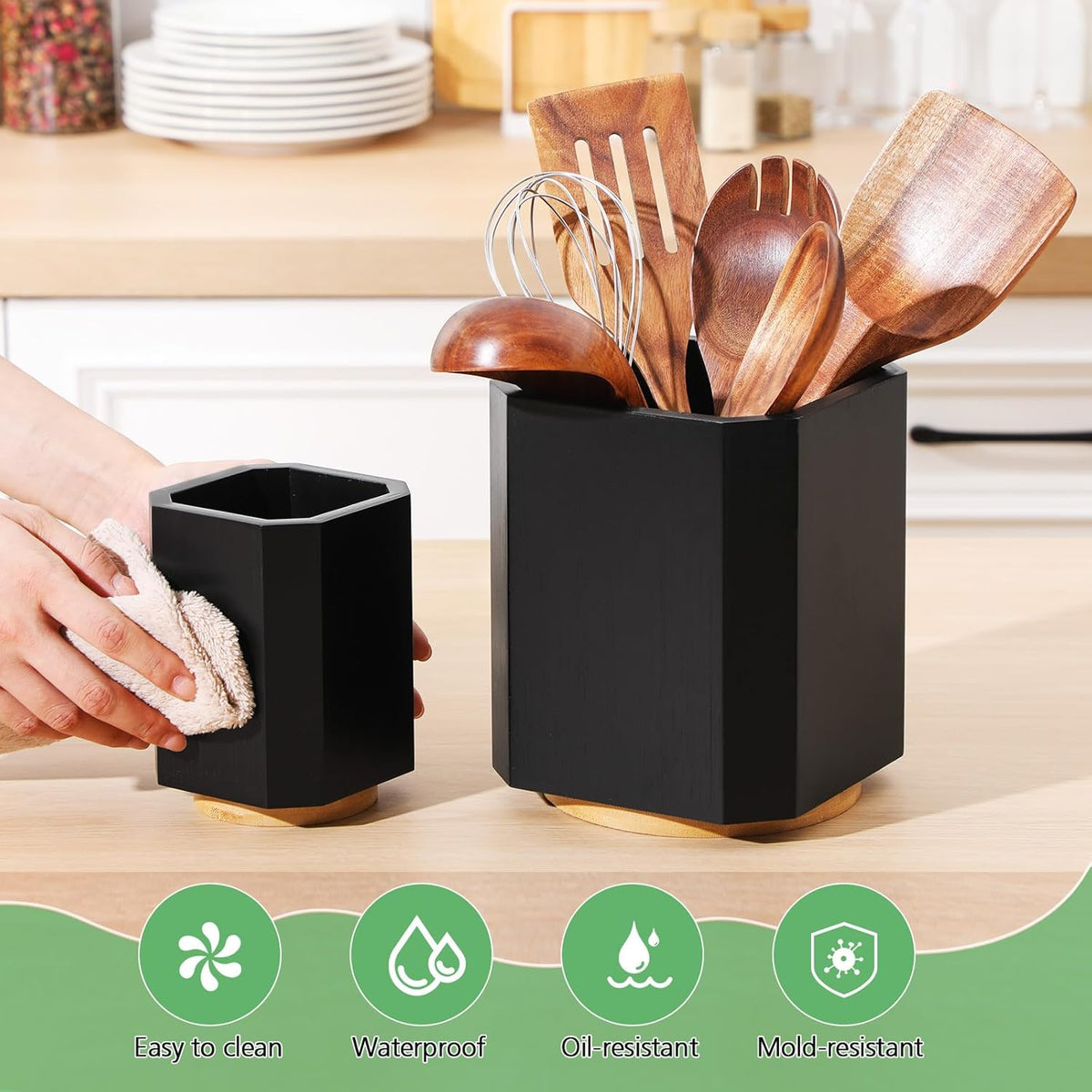 2 Pack Wooden Utensil Holder, 360°Rotating Kitchen Cooking Utensil Crock, Spoon Spatula Holder for Kitchen Counter, Farmhouse Countertop Organizer(Black,Square)