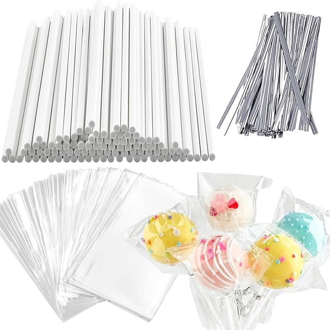 360 PCS Cake Pop Sticks and Wrappers Ties Kit, Including 120ct 6-inch Paper Lollipop Sticks, 120ct Cake Pop Parcel Bags, 100ct Silver Twist Ties for Candy Making Packaging Supplies