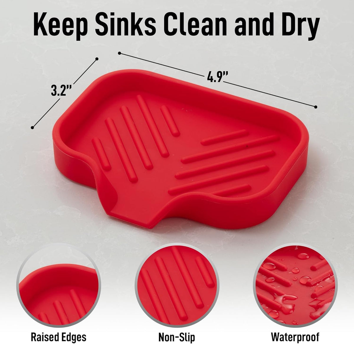 Zulay Kitchen Small Silicone Sponge Holder (4.9x3.3”) – Space-Saving Sink Organizer Tray for Sponge, Soap, Brush & More – Compact Non-Slip Dish for Kitchen & Bathroom (Red)