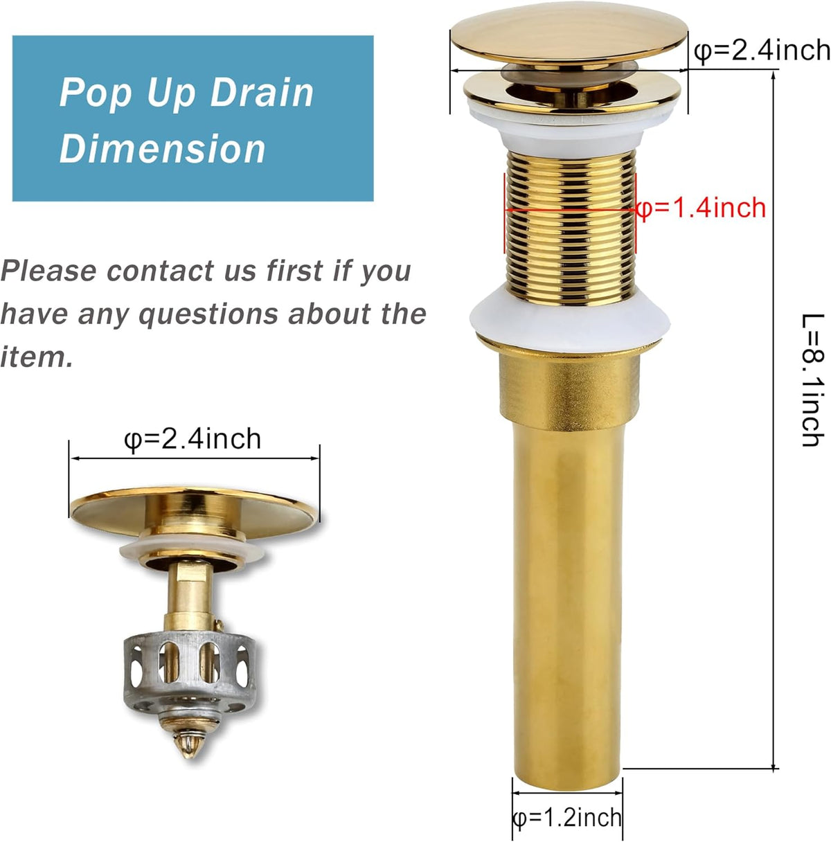 Bathroom Sink Drain, Gold Drain Stopper Bathroom Sink Without Overflow,Pop Up Drain Assembly with Detachable Strainer Basket,Built-in Anti-Clogging Strainer,Stainless Steel