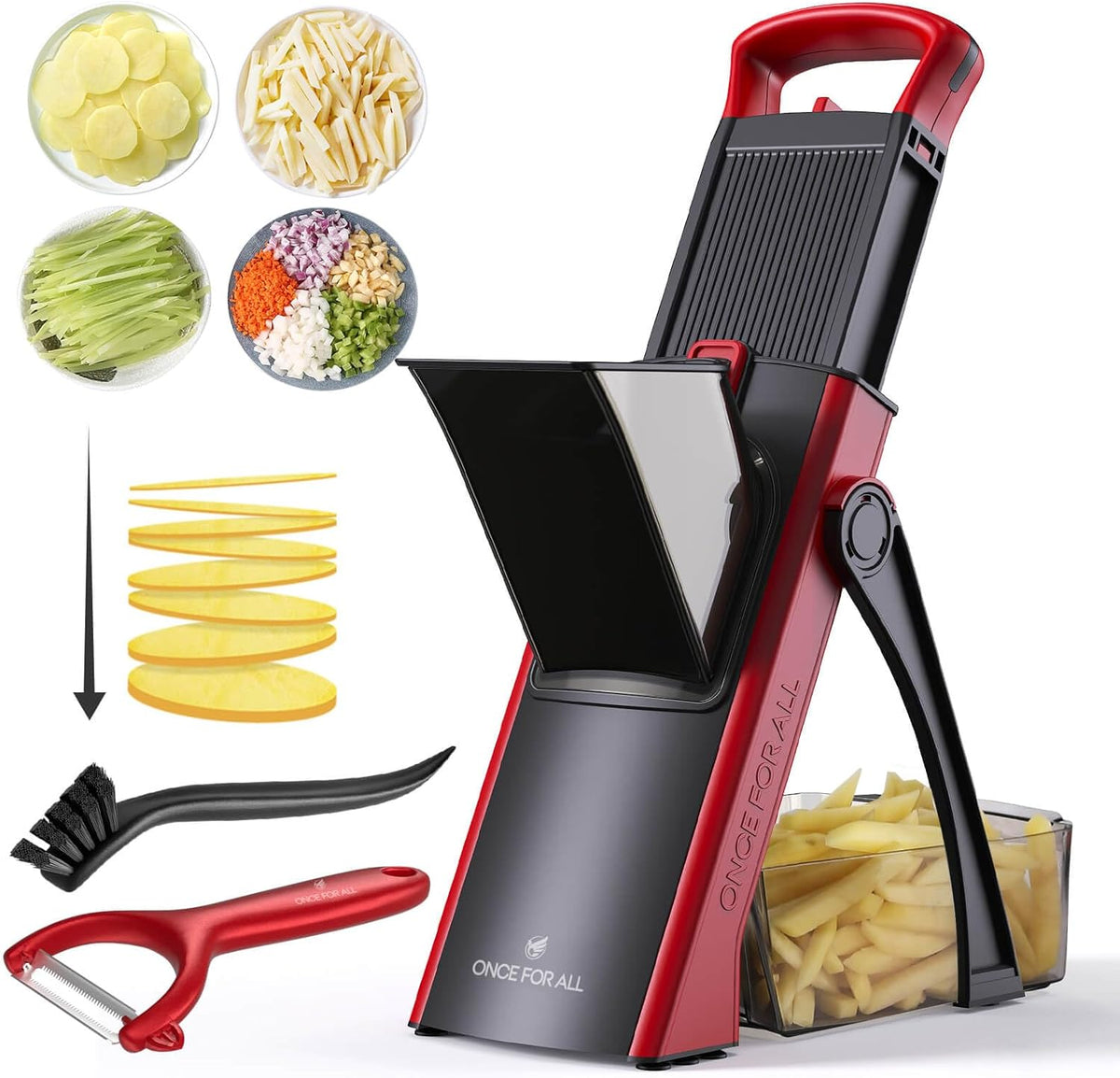 ONCE FOR ALL Safe Mandoline Slicer For Kitchen, Biger Size, Adjustable Vegetable Chopper Food Slicer Potato French Fry Cutter with Peeler, Detachable, Kitchen Chopping Artifact (Red)