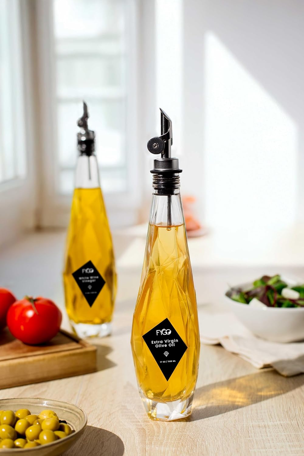 FYGO Diamond Lux Glass Olive Oil Bottle Set – 500ml Oil & Vinegar Dispenser with Pourer and Funnel, Kitchen Container (Set of 2)