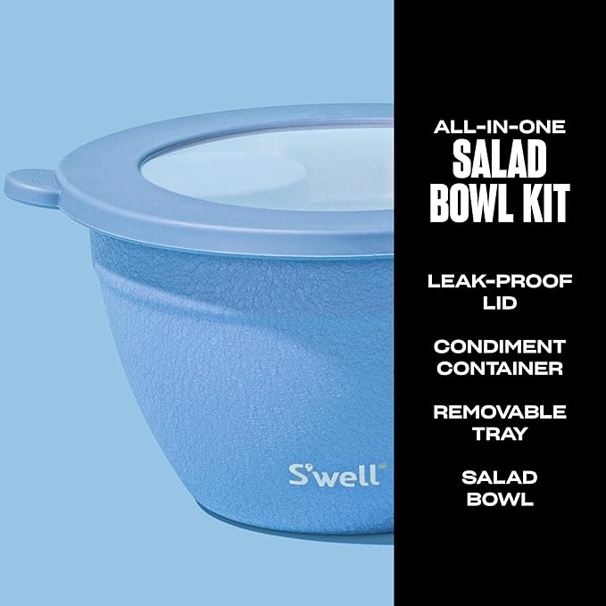 S'well Stainless Steel Salad Bowl Kit 64oz, Desert Sky, Comes with 2oz Mini Canister and Removable Tray for Organization, Leakproof, Easy to Clean, Dishwasher Safe