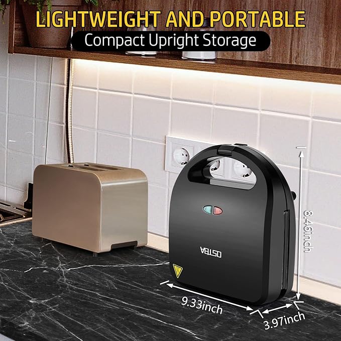 OSTBA 3-in-1 Sandwich Maker with Removable Plates, Panini Press, Waffle Maker, Non-Stick, 750W Compact Breakfast Grill for Sandwiches, Waffles, Steak, Black