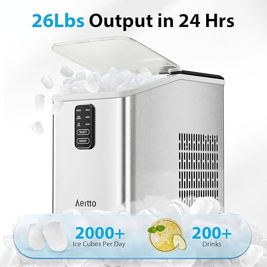 Aeitto Ice Maker Countertop 26lbs/24H, Ice Machine 8 Ice Cubes Ready in 6 Mins, 2 Sizes of Bullet Ice Portable Ice Makers with Basket & Scoop, Auto Self-Cleaning for Home/Kitchen/Office Stainless