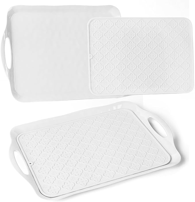 LEHAHA 17.25" x 12" Serving Trays Set of 2 White, Dinner Tray, Light Weight Easy to Clean Sturdy Stackable Melamine Serving Platter with Handle, Fruit, Snacks, and Desserts Trays.Mats Included