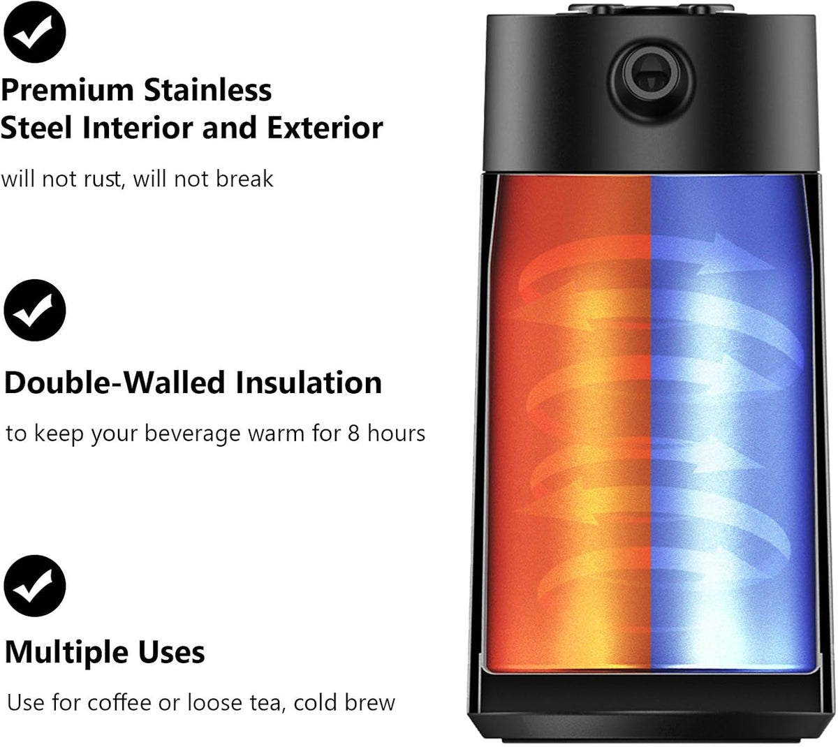 Stainless Steel French Press Coffee Maker, Double Walled Insulated Coffee & Tea Maker with Filter (Matte Black, 32 Ounce)