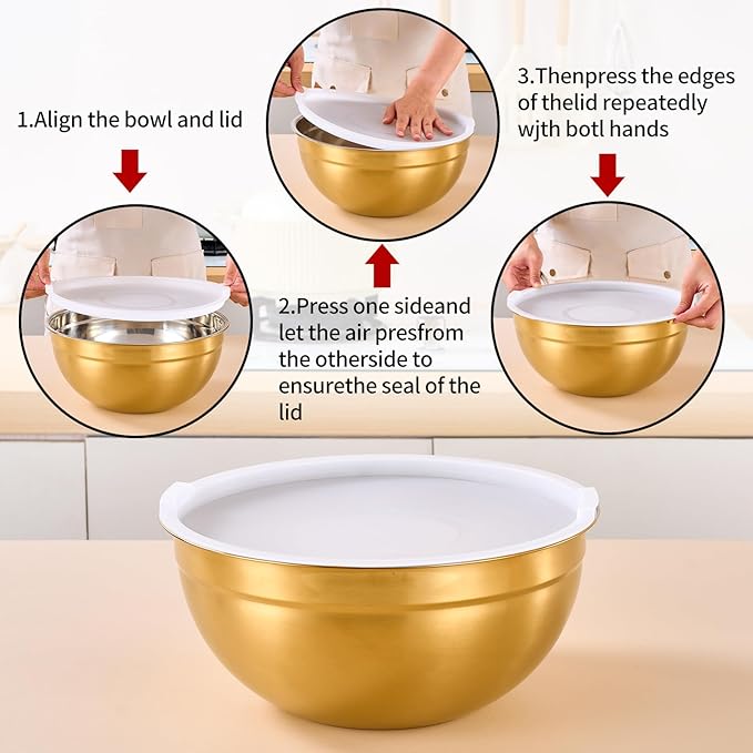Gold Mixing Bowls with Lids Set of 7, Stainless Steel Nesting Bowl with Khaki Lid for Non-slip Mixing Prepping Storing Serving, 7 Sizes-7/3.6/2.7/2.1/1.5/1/0.8 QT