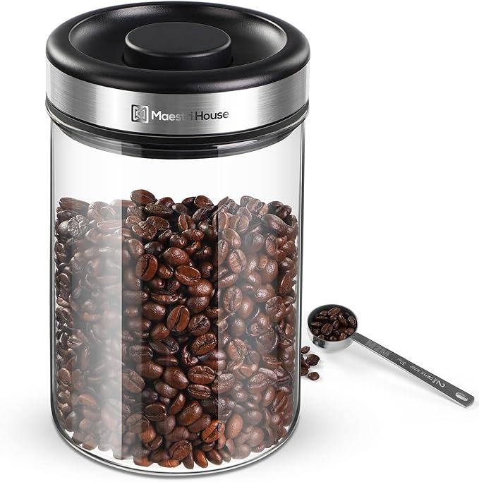 Maestri House Vacuum Coffee Canister with Spoon, 40 OZ AirTight Glass Coffee Bean Storage Container, Food Storage Jar, for 1 lb Beans, Grounds Coffee, Tea, Flour, Cereal, Sugar (Silver)
