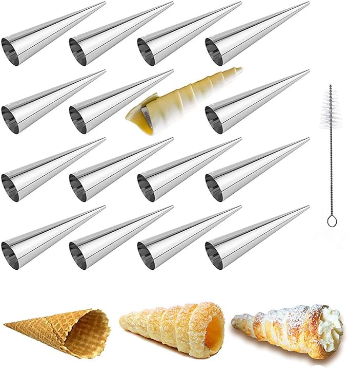 Joyeee 16Pcs Cream Horn Molds with Cleaning Brush, Stainless Steel Cone Roller Cannoli Forms Mold for Baking Cannoli Shell, Crispy Pastry for Christmas Birthday Party Gifts, 5-inch Large Size