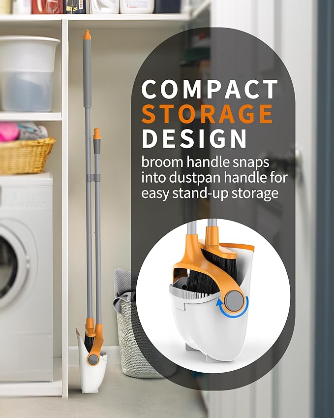 MR.SIGA Broom and Dustpan Set with Long Handle, Stand Upright Broom with Dustpan Combo for Cleaning Office, Garage, Lobby, Lightweight Sweeping Set, 51.7"(131 cm) Long Handle, White & Orange
