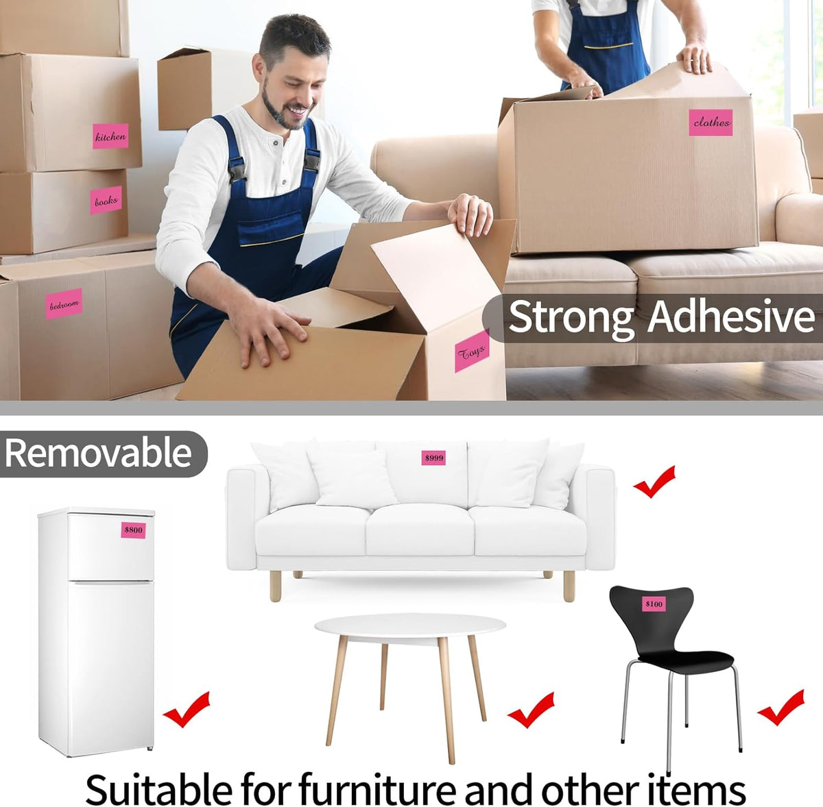 STARLIBOO Removable Colored Labels Stickers, 3X5 Inch Removable Large Label Stickers for Moving Boxes and Storage Bins- Waterproof- Tear Resistant (Rose Pink)