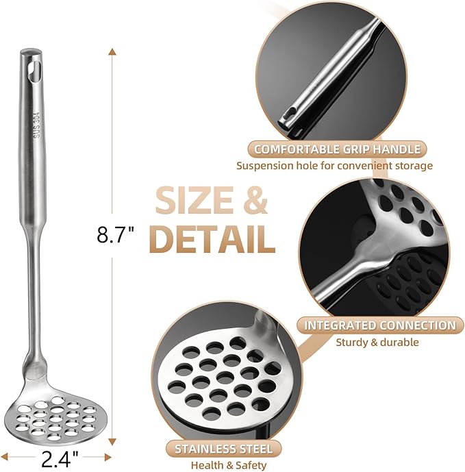 Potato Masher Stainless Steel Small, Mini Avocado Masher, Manual Potatoes Smasher Kitchen Tool for Avocado, Potatoes, Beans, Vegetables, 8.7Inch Metal Mashing Utensil, Dishwasher Safe