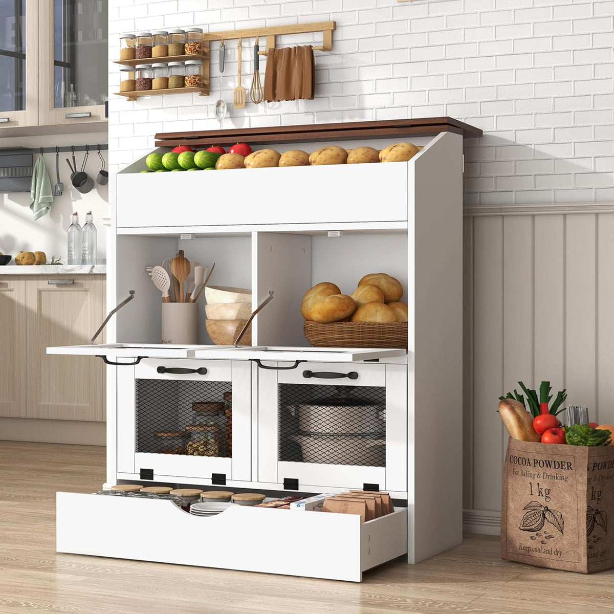 Patiorama Wood Potato and Onion Storage Bin Box, Large Vegetable Storage Box w/Lid,Wooden Bread Storage Bin w/4 Mesh Doors,Movable Bottom Drawer, Farmhouse Potato Storage Bins for Kitchen Pantry White