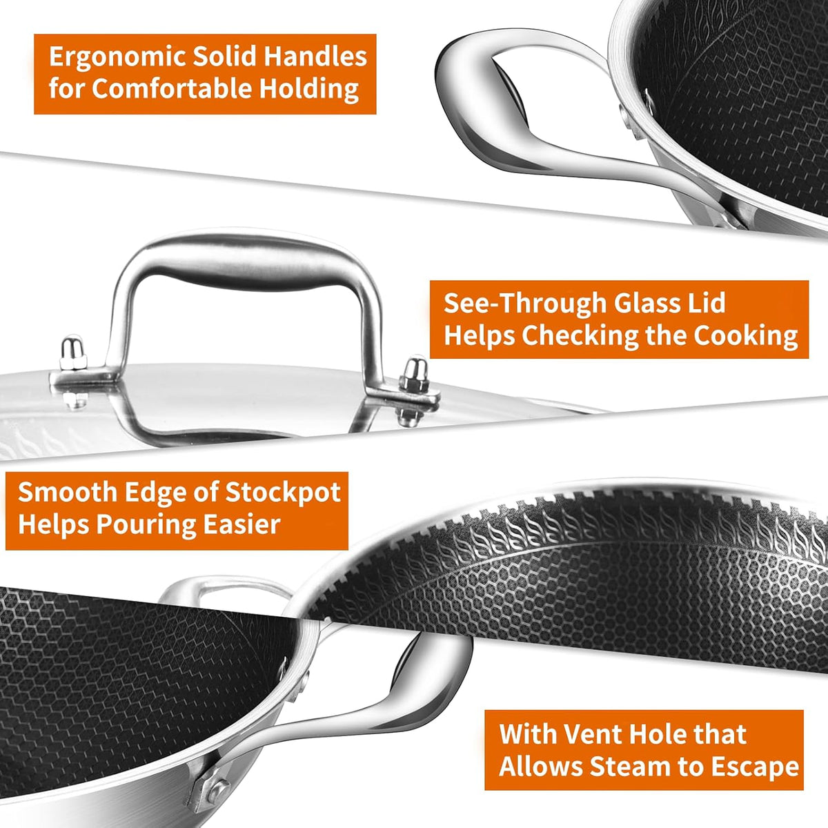 DELARLO Tri-Ply Stainless Steel Wok 13in Nonstick Deep Wok Pan with Lid,Stir-Fry Pans,5.5QT Cooking Pot induction Large woks,Compatible with All Cooktops Up to 550°F(Double Handle)