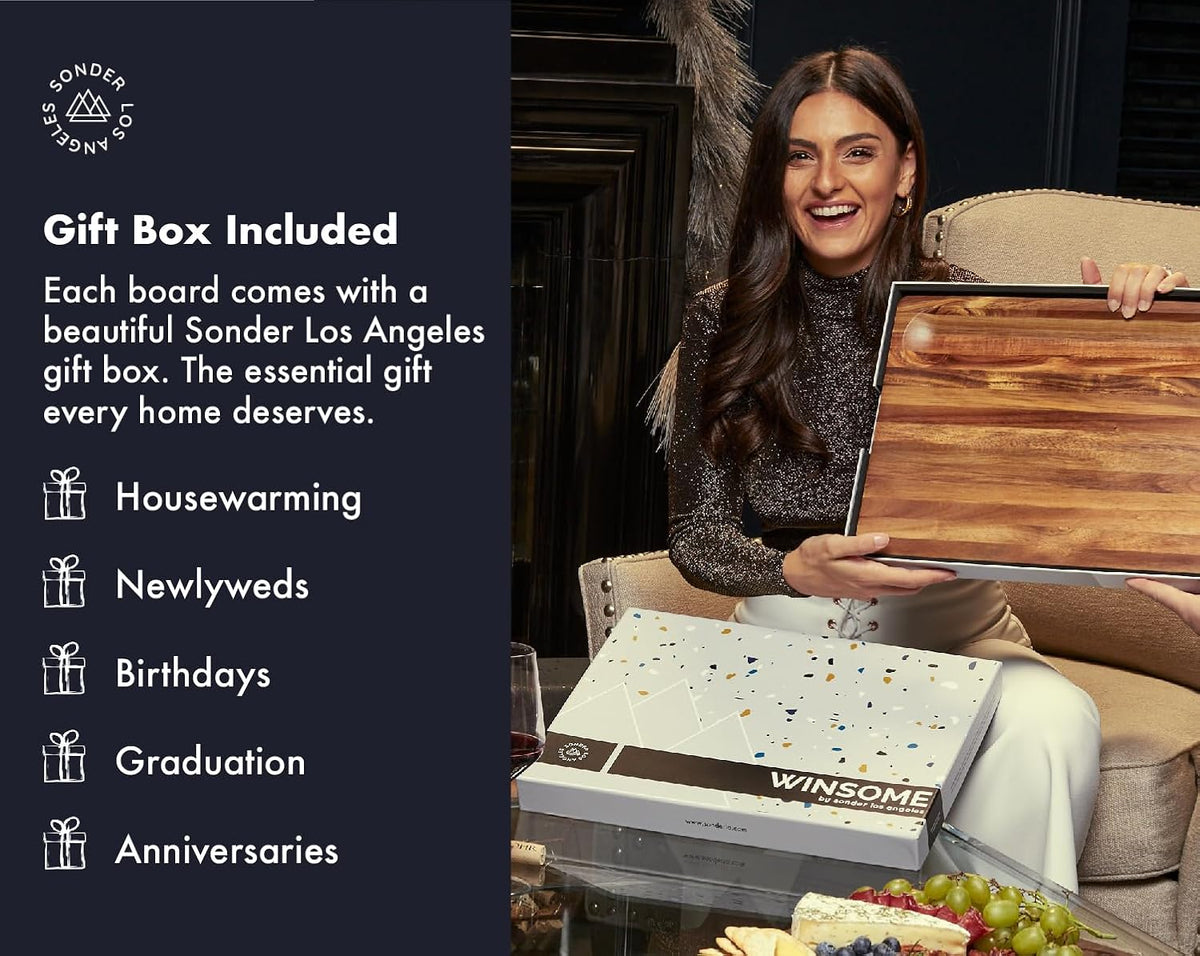 Sonder Los Angeles, Thick Sustainable Acacia Wood Cutting Board for Kitchen with Juice Groove, Sorting Compartment, Charcuterie 16x12x1.5 in (Gift Box Included)