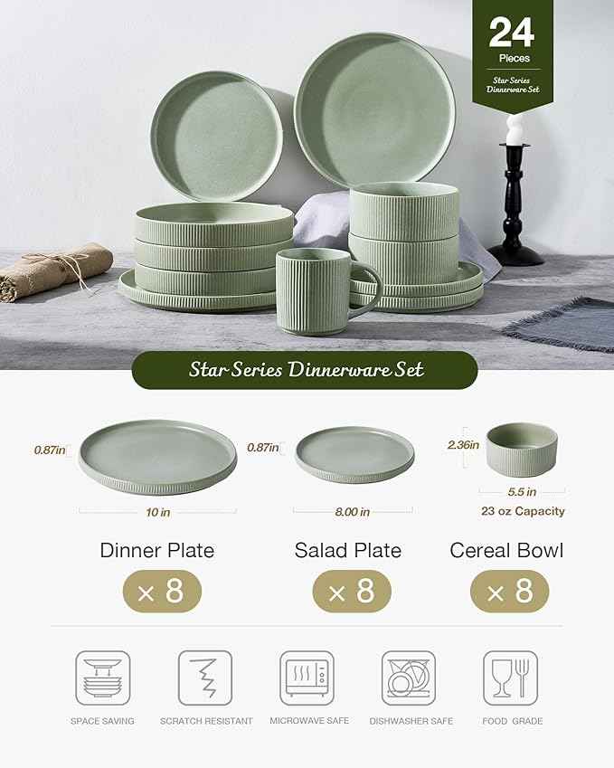 Famiware Star Dinnerware Set, Plates and Bowls Sets for 8 (24pcs), Ribbed Stoneware Dishes - Chip & Scratch Resistant, Microwave & Dishwasher Safe, Matte Sage Green