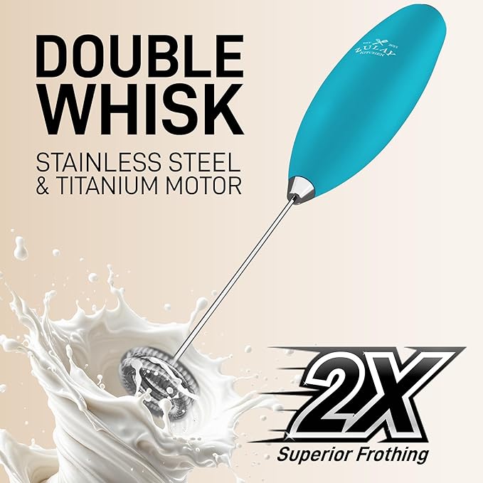 Zulay Double Whisk Milk Frother Handheld Mixer - High Powered Frother For Coffee With Improved Motor - Electric Whisk Drink Mixer For Cappuccino, Frappe, Matcha & More, Twin Whisk - Teal