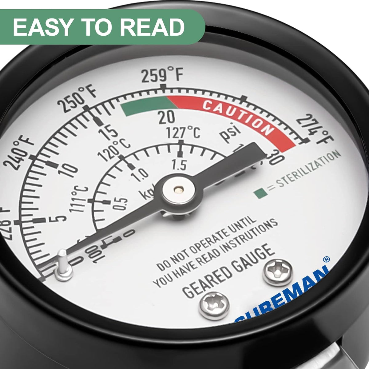 MEASUREMAN Black Steel Pressure Cooker Gauge, Pressure Canner Gauge, Steam Pressure Gauge, 2" Dial, Lower Mount, Including Hexagon Gasket and Nut