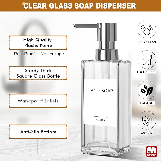 GMISUN Kitchen Soap Dispenser, 12 Fl oz/350ml Clear Dish Soap Dispenser with Silver Sponge Holder, Customized Glass Dish Soap Dispensers for Kitchen, Modern Hand and Dish Soap Dispensers Set Removable