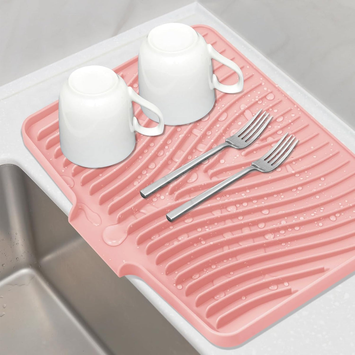 Silicone Dish Drying Mat for Kitchen Counter, Dish Drying Pad, Non-Slip Drain Pad with Built-in Drain, Heat Resistant Stone Drying Mat(15.8" x 13", Pink)
