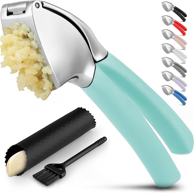 Zulay Kitchen Comfort Grip Garlic Press - Garlic Mincer Tool - Garlic Crusher - Garlic Press Mincer Rust Proof, with Soft Ergonomic Handle, Easy Clean Set with Peeler and Brush - Light Blue