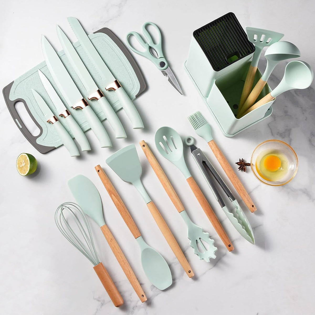 Cooking Utensils Set - 19 Piece Set with 11 Spatulas, 6 Sharp Knives, Silicone Utensils & Cutting Board (Green)