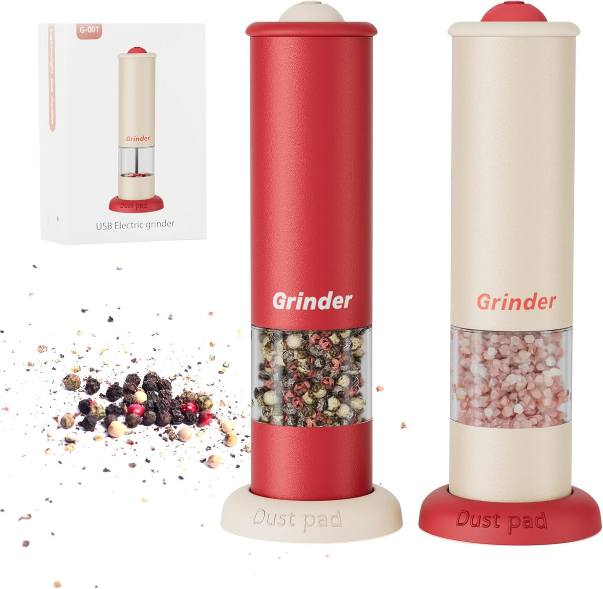 Electric Salt and Pepper Grinder Set - Salt and Pepper Shakers, Automatic Pepper Mill with Adjustable Coarseness, One Hand Operation. Christmas/New Home Gift